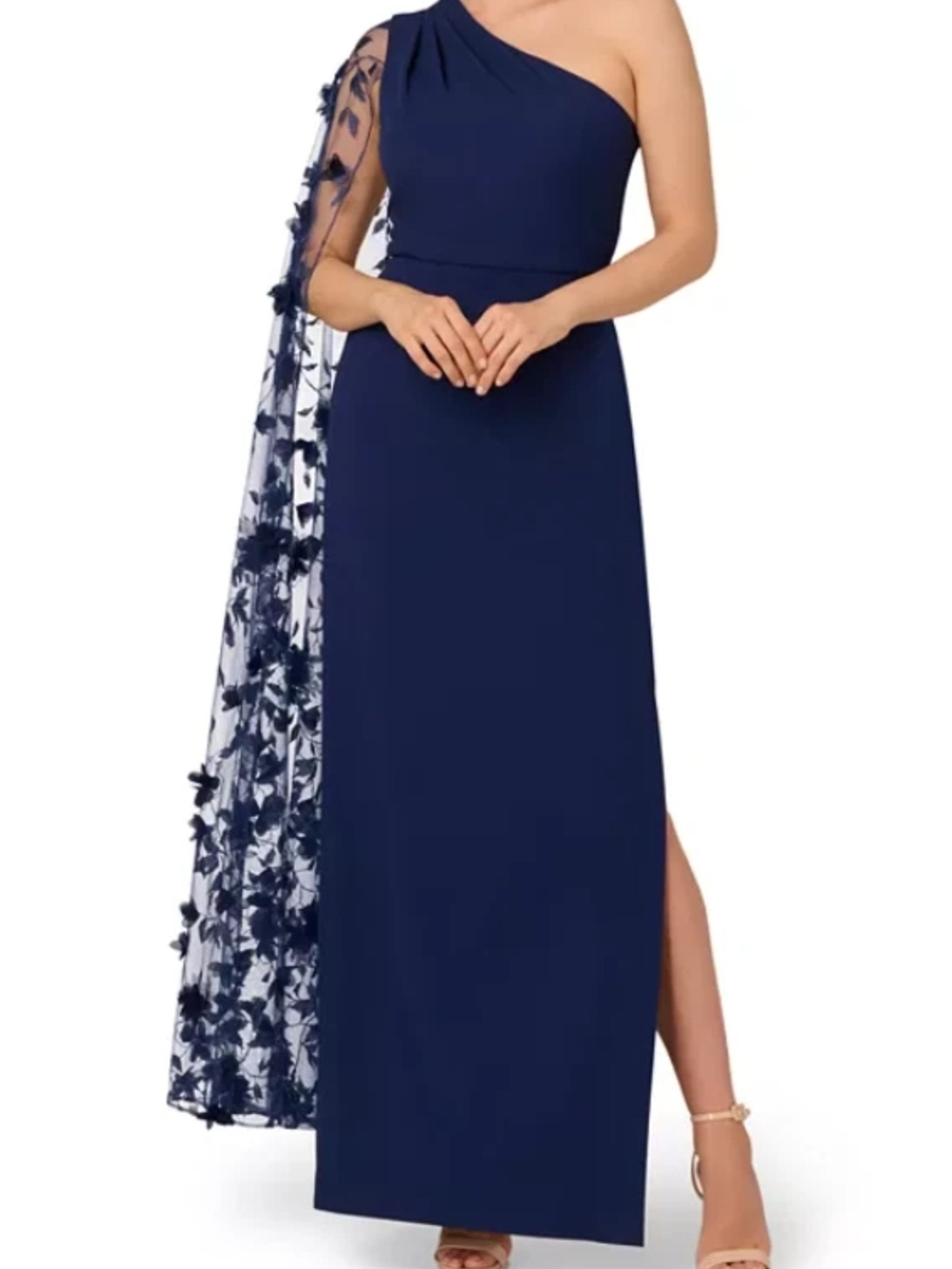 Adrianna Papell Navy One-Shoulder Gown with Floral Sheer Capelet - Picture 1 of 6